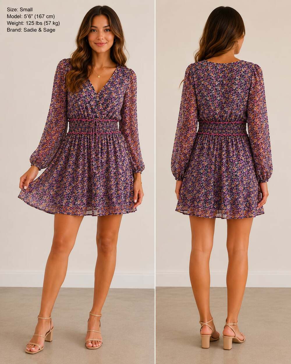 Sadie & Sage Long Sleeve Floral V-Neck Smocked Waist Mini Dress